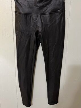 SPANX Black Faux Leather Leggings with Red Tag ( Petite Large )